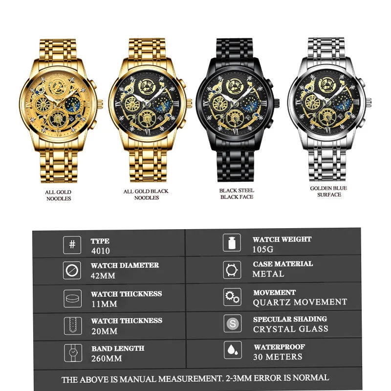 B4010 Fashion Casual Quartz Men Watch Stainless Steel Strap Luxury Dial Luminous 30M Waterproof Business Men Wristwatch