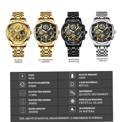 B4010 Fashion Casual Quartz Men Watch Stainless Steel Strap Luxury Dial Luminous 30M Waterproof Business Men Wristwatch